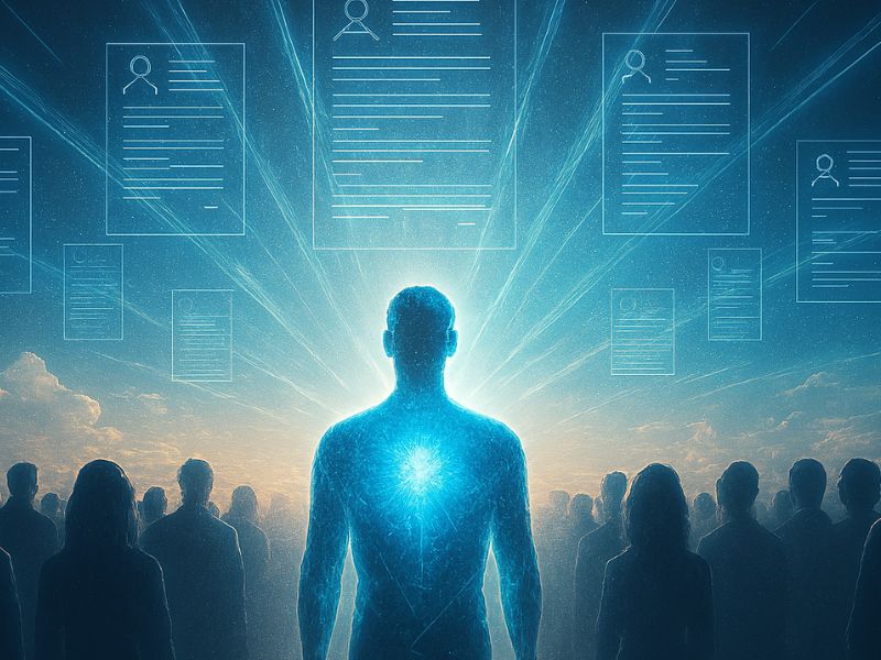 Radiant AI figure standing before a holographic dashboard of data and silhouettes, symbolizing the power of an AI resume generator to spotlight standout profiles in a sea of applicants.

