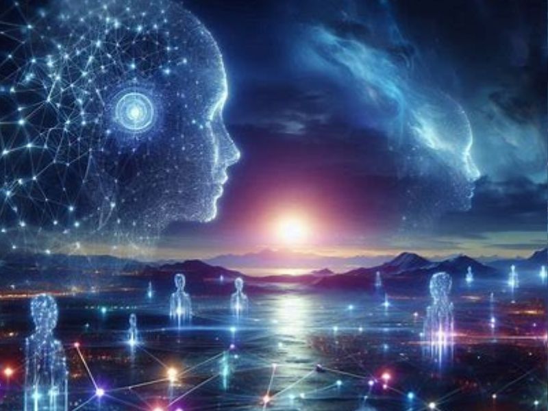 Surreal digital head filled with star-like data, facing a reflective sunset horizon — visualizing AI sales intelligence blending emotional intuition with data-driven clarity.