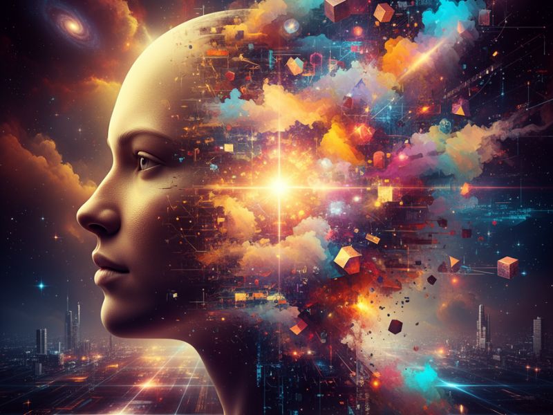 "Side profile of a face dissolving into abstract light particles—and trying to reveal about calendar ai tool