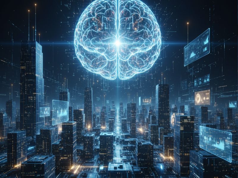Radiant digital brain hovering over a futuristic city, symbolizing the neural intelligence behind AWS CodeGuru tutorial insights for optimizing code across complex infrastructures.