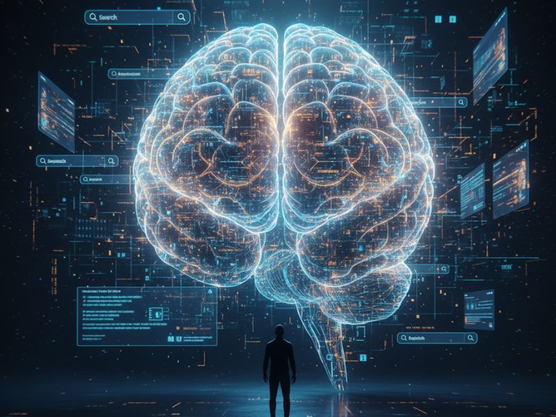 "Radiant digital brain surrounded by interface elements—illustrating the cognitive power and smart search capabilities explained in the Perplexity AI guide."