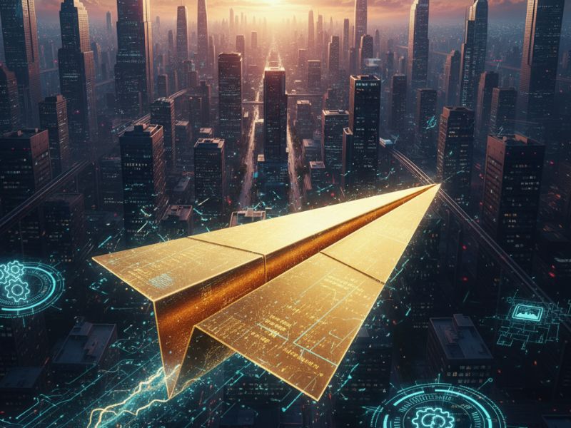 tylized golden paper airplane soaring through a high-tech city, visualizing how an AI resume generator propels standout resumes toward career opportunities with speed and elegance