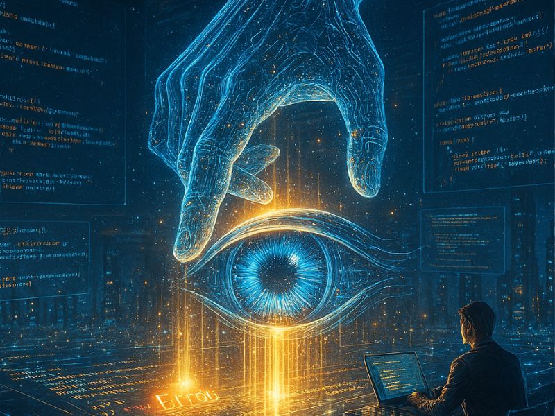 Surreal digital eye illuminated by a hovering hand, watching over a developer at their desk — visualizing AWS CodeGuru tutorial guidance for error detection, code review, and performance tuning.