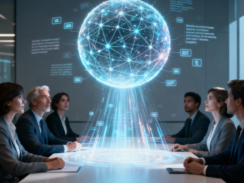 "Business professionals observing a glowing digital sphere above a conference table—symbolizing real-time transcription and smart summaries powered by AI note assistant."