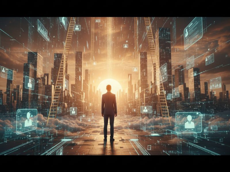 Single silhouette walking through a luminous digital corridor, symbolizing personal transformation and clarity achieved through AI resume generator insights.