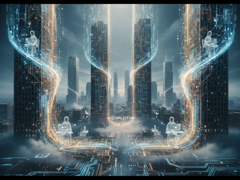 Glowing futuristic city with digital overlays—symbolizing the urban transformation and smart infrastructure powered by Copilot AI features."