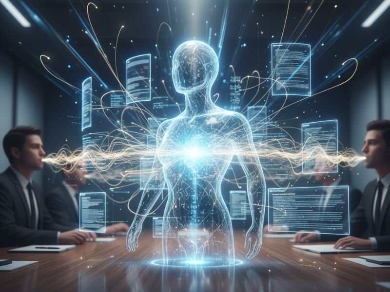 "Holographic human surrounded by digital elements in a conference setting—representing virtual collaboration and intelligent documentation via AI note assistant."