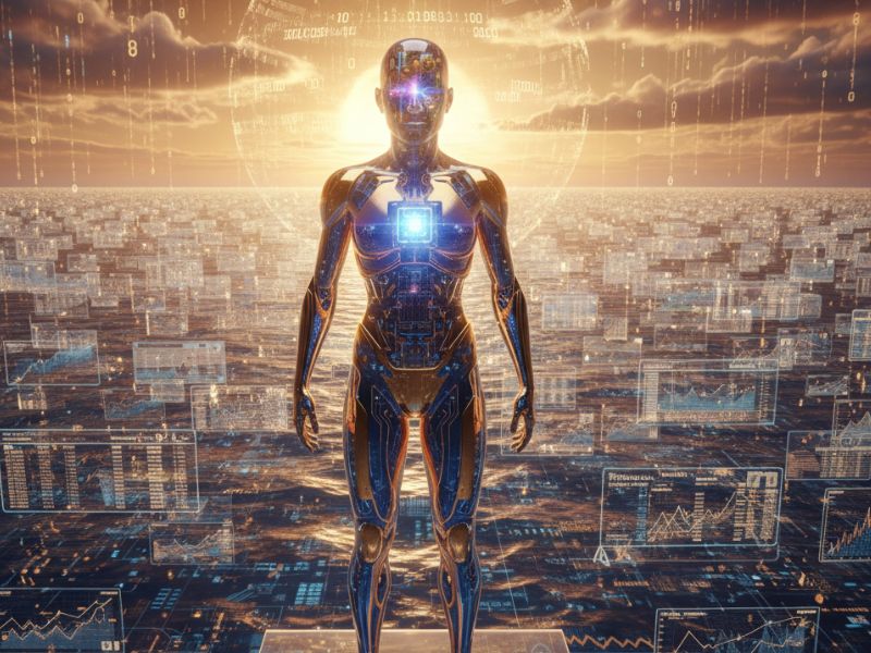 Futuristic humanoid robot with glowing blue circuits standing in a golden urban skyline, symbolizing the rise of AI for finance in transforming decision-making and predictive analytics.
