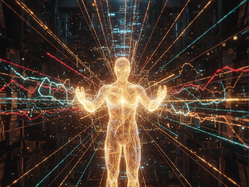 Illuminated human silhouette enveloped in radiant energy fields, symbolizing the intuitive power and vitality AI coding tools bring to developers seeking speed, clarity, and flow.