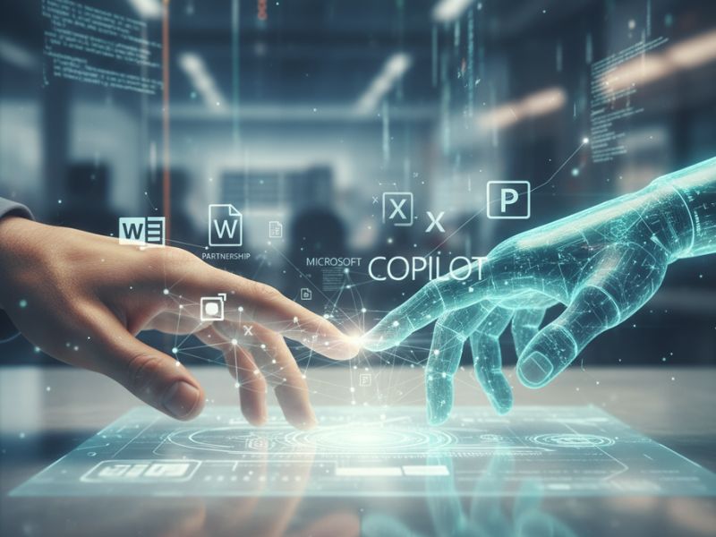 Human and robotic hands reaching across a digital interface—representing seamless human-AI collaboration enabled by Copilot AI features."