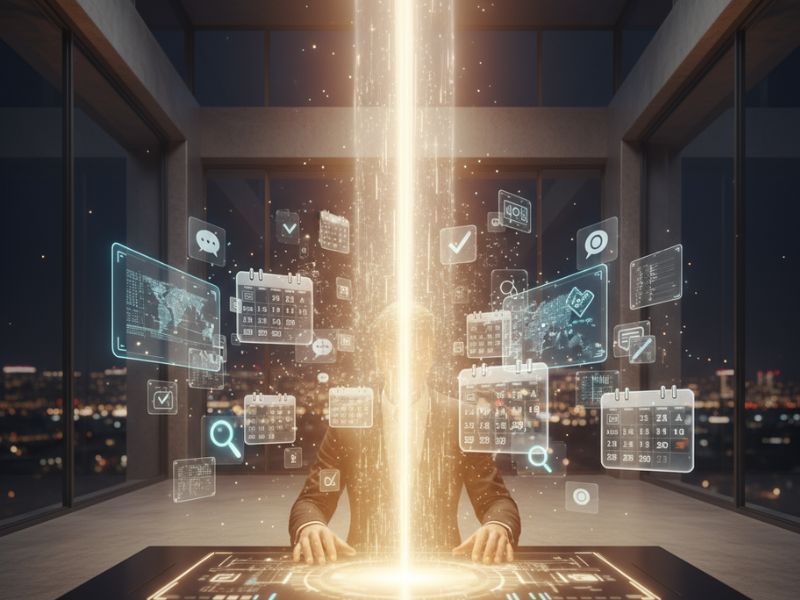 "Two individuals facing a vertical light beam amid floating data screens—symbolizing collaborative insights and data synthesis in Notion AI use cases."