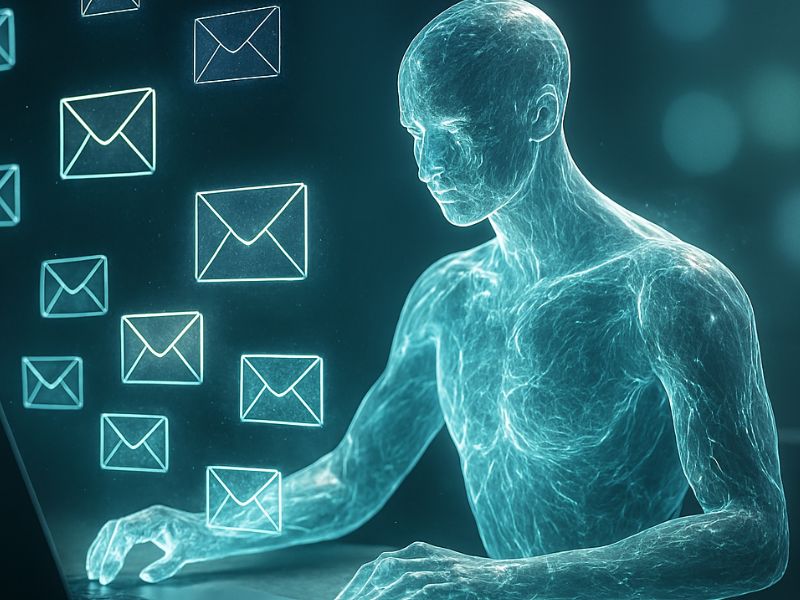 Futuristic digital brain network infused with glowing email icons, representing neural-level AI email automation and smart communication flow.