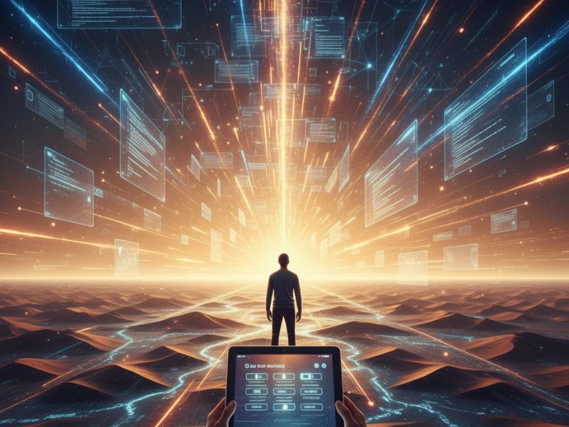 Individual standing before a glowing digital interface with beams of light radiating outward, symbolizing the intuitive power of AI modeling tools in data-driven environments.