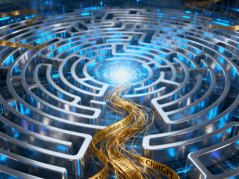 Futuristic golden maze with radiant center—visual metaphor for navigating complexity and unlocking ChatGPT Prompt Secrets through strategic prompting.