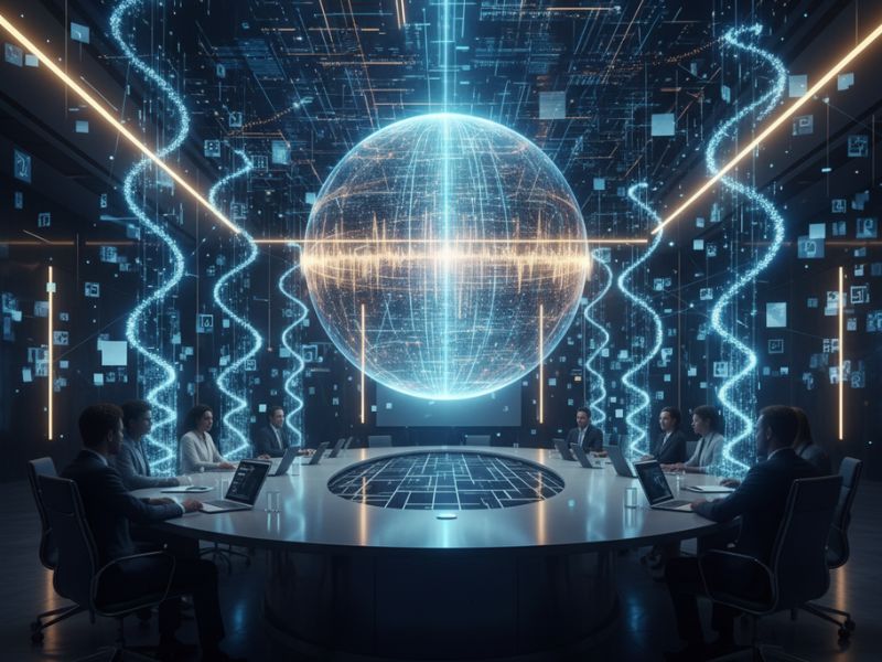 Central glowing sphere in a futuristic control room—depicting advanced data capture and insight generation through AI note assistant."