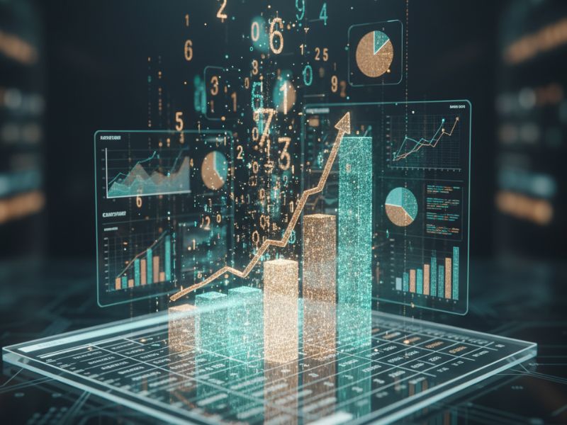 Digital interface with bar charts, pie graphs, and data streams emerging from a laptop, representing AI for finance in real-time data analysis and automated reporting.