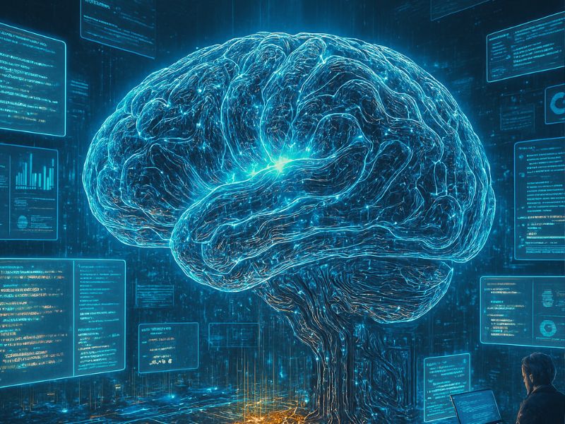 Futuristic brain glowing with neural circuits and digital overlays, representing the analytical depth and precision of AI coding tools in debugging, optimization, and intelligent code review.