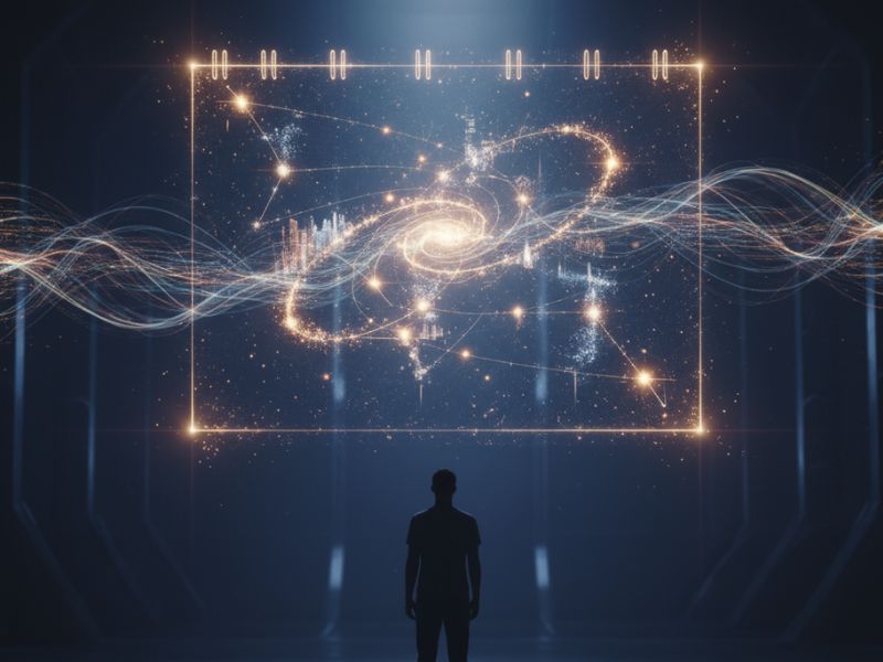 "Individual standing before a cosmic data screen with interconnected nodes—symbolizing intelligent planning and visualization through calendar AI tool and automated scheduling assistant."