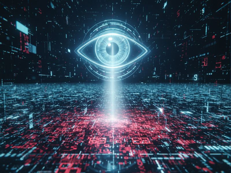 Glowing digital eye projecting a beam onto a red-blue circuitry grid, symbolizing AI data validation scanning for anomalies, verifying integrity, and ensuring clean datasets.