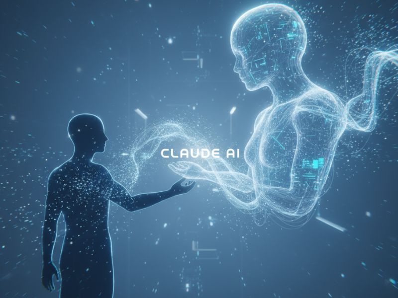 Wireframe human interacting with a holographic screen labeled 'claude AI'—depicting human-machine synergy in an AI chat experiment."