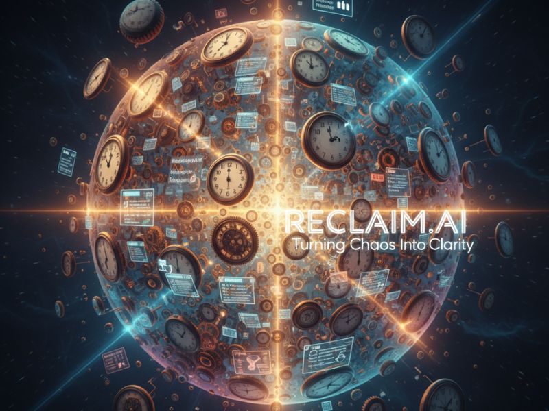Mechanical sphere with gears and digital elements under ‘RECLAIM AI’—representing ethical decision-making and smart task allocation using calendar AI tool and automated scheduling assistant."