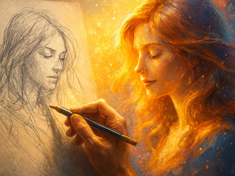 Two human figures illuminated by glowing light and digital textures, symbolizing an AI art assistant sparking creative connection through mobile inspiration.