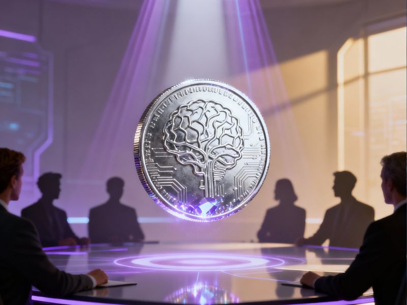 AI hiring trends 2025 visualized through a brain-embossed coin in a high-tech chamber, symbolizing value and verification in talent acquisition.”