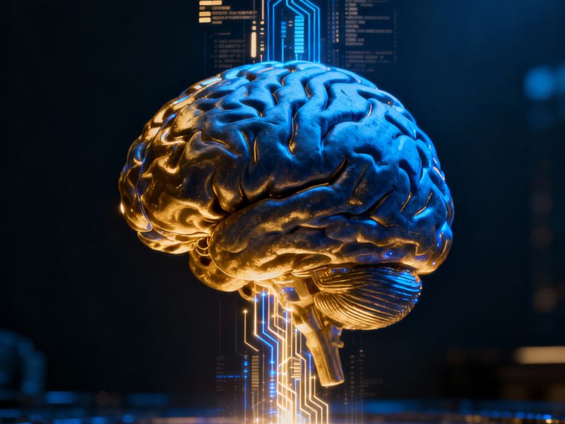 "3D-rendered human brain overlaid with digital circuits—representing the fusion of biological intelligence and technology in an AI chat experiment."