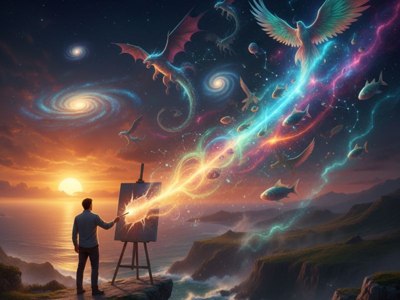 Artist painting swirling galaxies and celestial bodies on canvas under a cosmic sky—symbolizing imaginative DALL·E creations blending human creativity with AI vision."