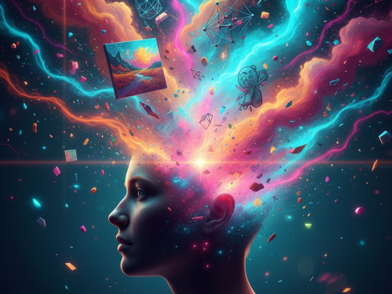 Radiant human head surrounded by swirling colors and abstract forms, representing the imaginative power of an AI art assistant unlocking visual storytelling.