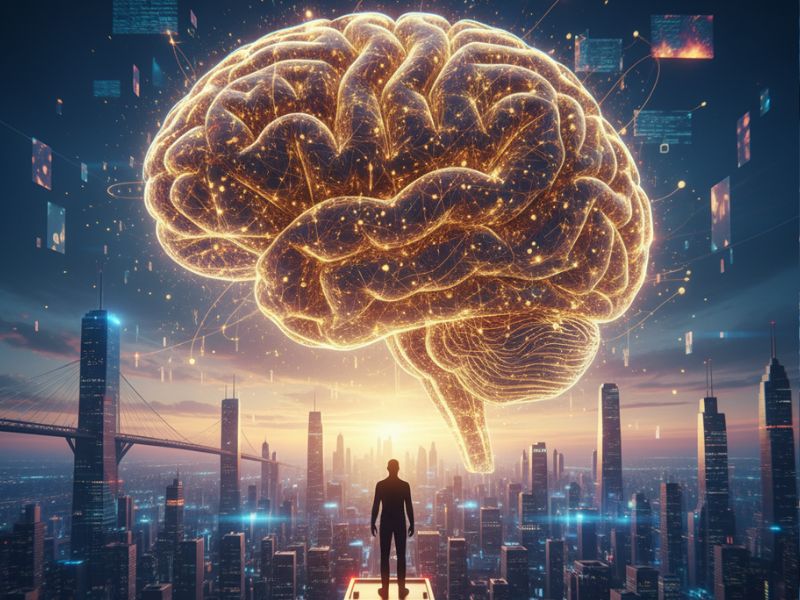 “Digital brain glowing above a city skyline, representing neural networks and urban innovation in AI hiring trends 2025.”