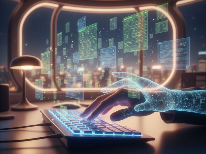 "Robotic hand typing on a holographic keyboard with digital code—illustrating advanced automation and smart productivity in Microsoft Copilot uses."