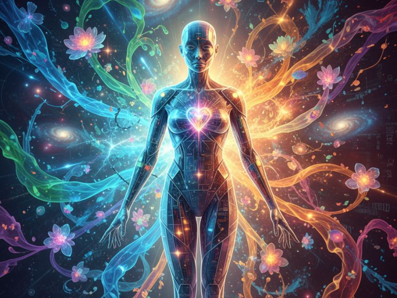 Radiant humanoid figure immersed in vibrant energy flows—depicting transcendence and surreal beauty in DALL-E creations."