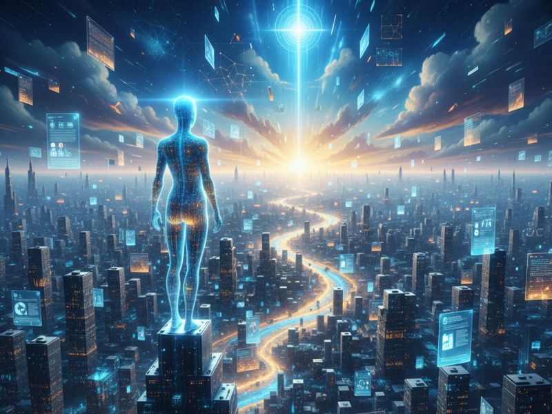 Radiant humanoid figure walking a luminous path above a futuristic city, symbolizing the journey of academic excellence guided by an AI academic tool.
