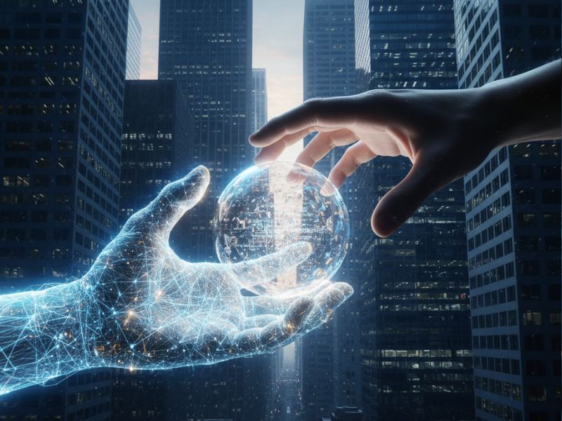 Surreal image of a digital hand reaching toward a human hand, illustrating collaboration and trust in AI hiring trends 2025.”