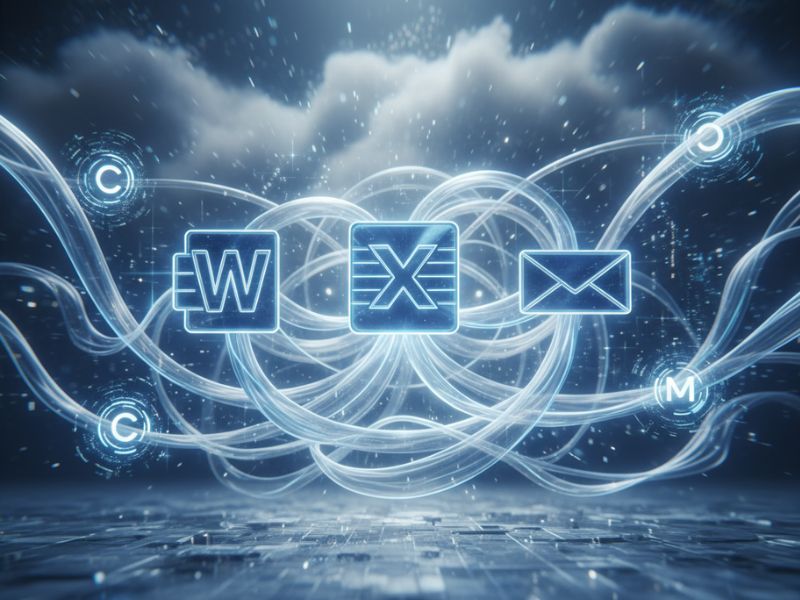 Digital network connecting Microsoft Word and email icons—symbolizing seamless integration and communication in Microsoft Copilot uses."