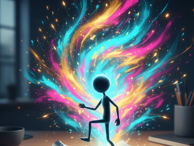 Surreal stick figure with luminous wings standing boldly, visualizing transformation and empowerment guided by an AI art assistant’s creative support.