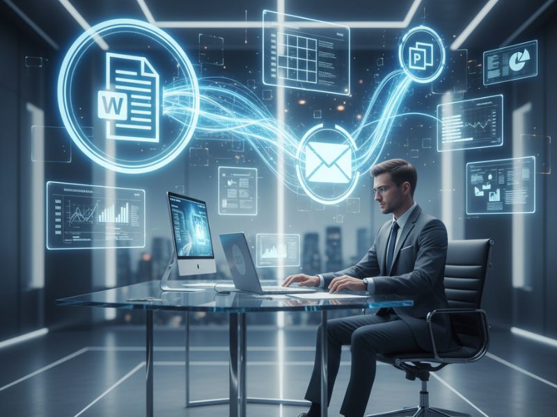 "Business professional working in a high-tech environment with floating data icons—representing workflow optimization through Microsoft Copilot uses."