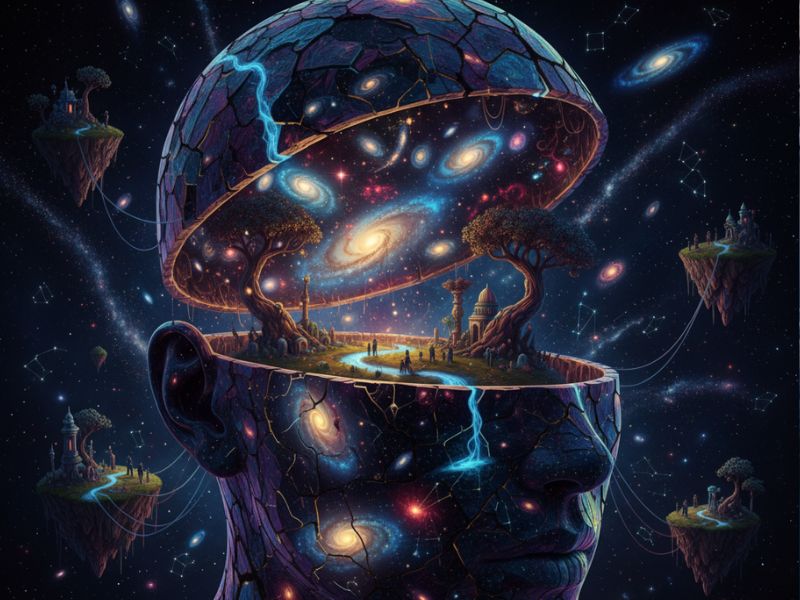 "Futuristic spherical structure glowing with stars and galaxies—representing cosmic architecture and surreal depth in DALL-E creations."