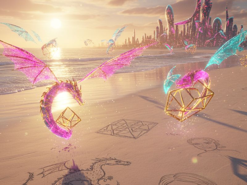 Dreamlike environment of glowing geometric forms and trails, depicting the abstract design capabilities of an AI art assistant in virtual space.