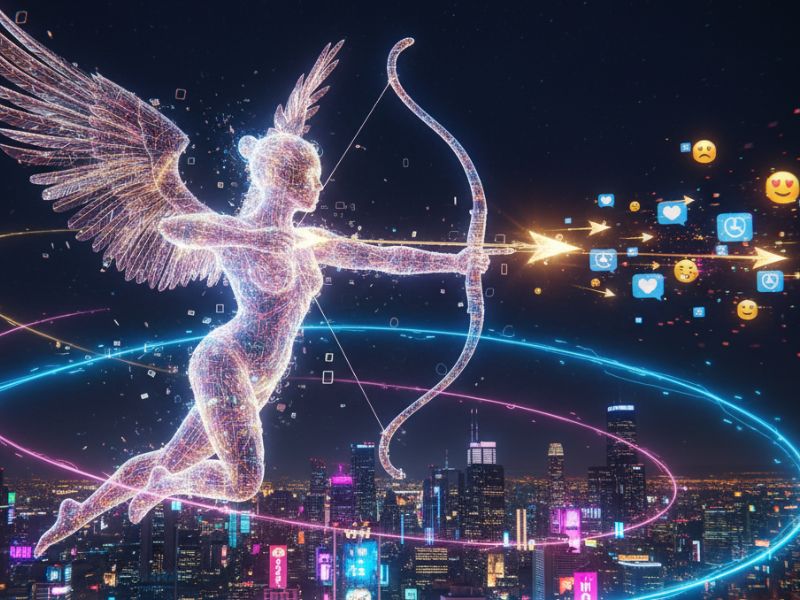 “Glowing digital Cupid aiming an arrow above a neon-lit city, symbolizing the fusion of mythology and technology in the AI relationship trend.”