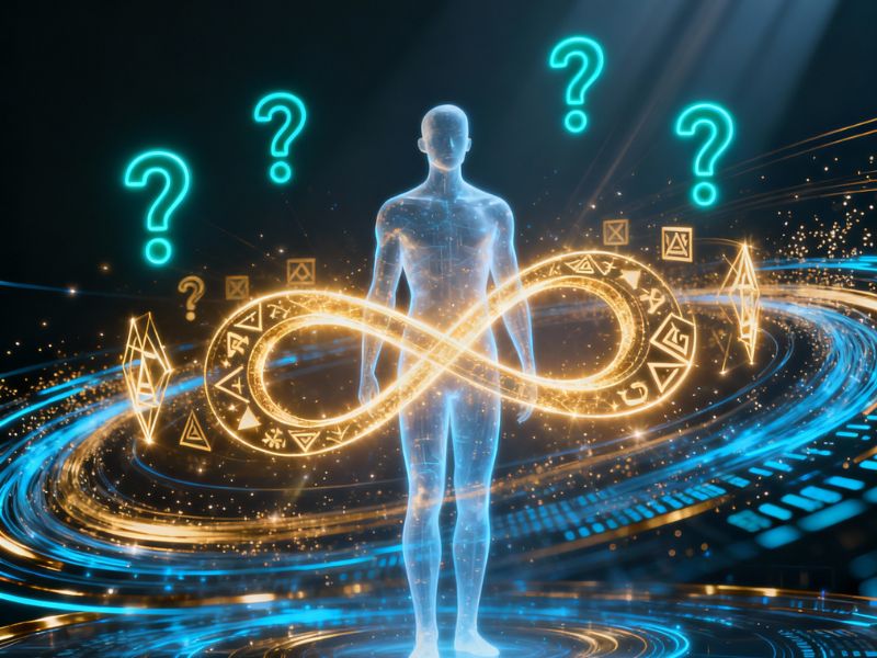 Translucent humanoid figure facing a glowing infinity symbol and question marks—symbolizing limitless inquiry and discovery in AI powered search."