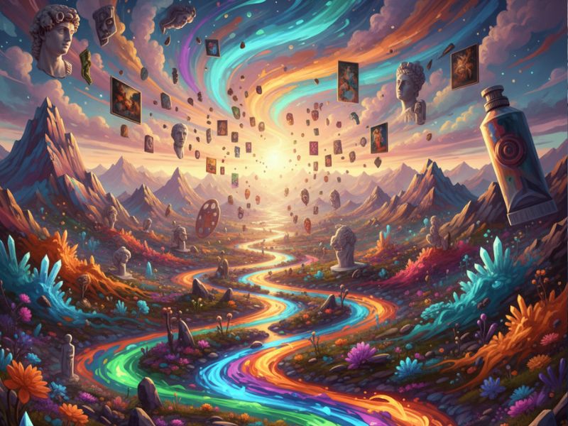 Colorful river winding through mountains with floating books above—symbolizing knowledge, imagination, and storytelling in DALL·E creations."