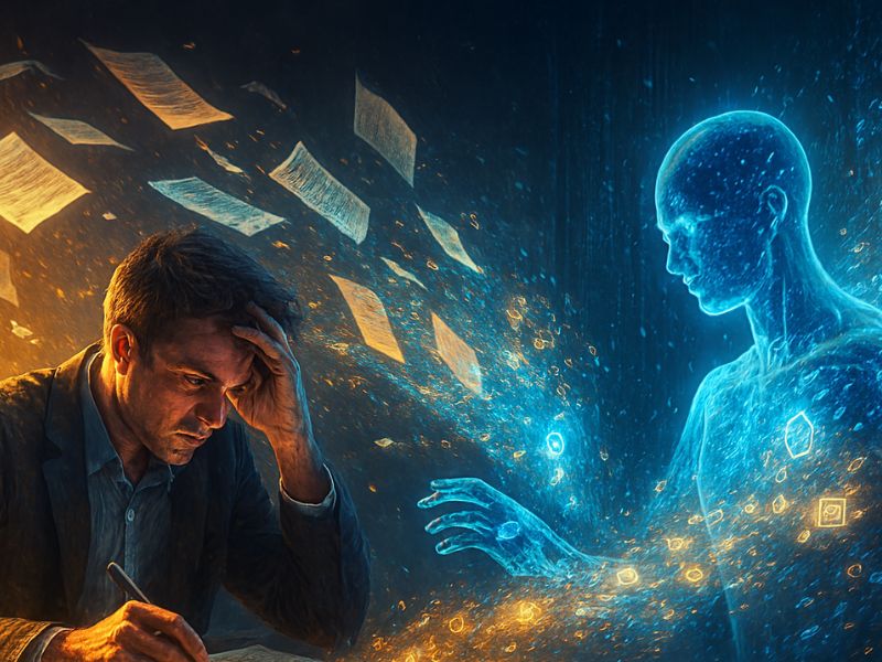 Human researcher overwhelmed by papers, supported by a glowing AI academic tool scanning data streams — visualizing collaborative insight and accelerated learning.