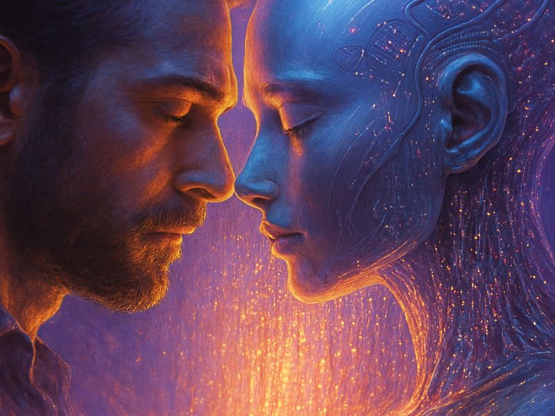 Human-like couple illuminated with digital patterns, representing emotional connection and intimacy in the evolving AI relationship trend.”