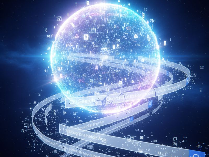 "Glowing sphere connected by a winding digital path—evoking cosmic intelligence and user journey in AI powered search."