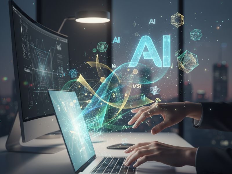 Person working on a laptop surrounded by glowing AI graphics and data streams—illustrating smart design automation and visual editing with Canva AI tools."