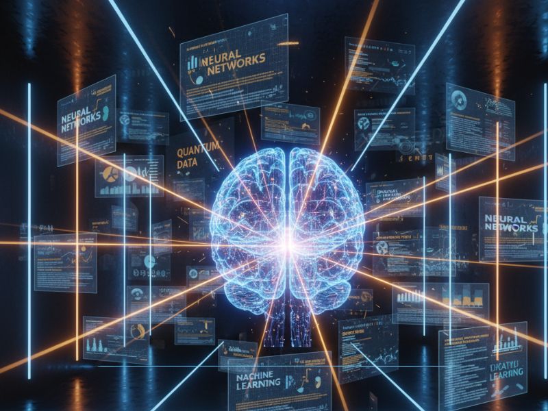 Central glowing brain surrounded by light beams and data interfaces, representing the neural intelligence of an AI academic tool powering research and analysis.
