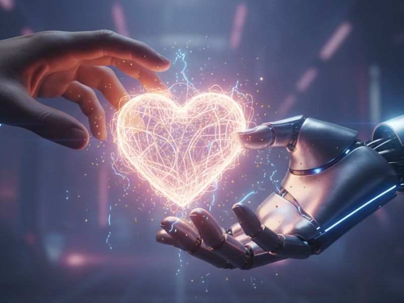 “Robotic and human hands reaching toward a radiant heart, visualizing trust and emotional bonding in the AI relationship trend.”