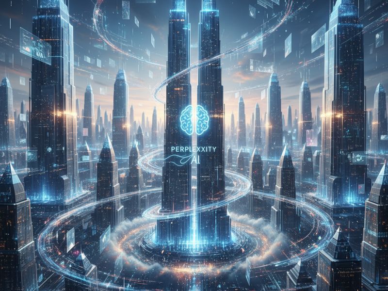 "High-tech cityscape with luminous towers and circular light—representing structured data environments in AI powered search."